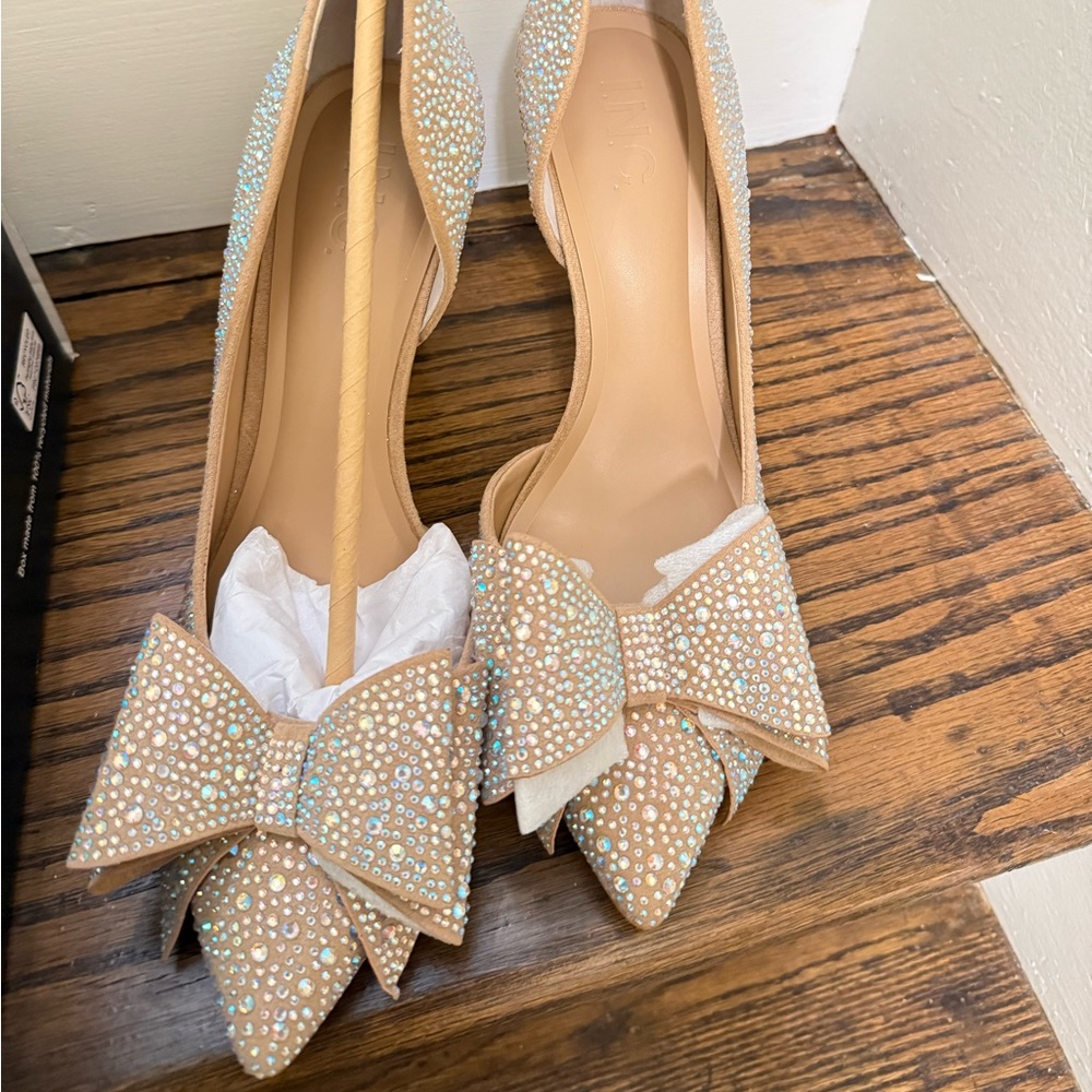 INC International Concepts Tan Bow Heels with Rhinestones